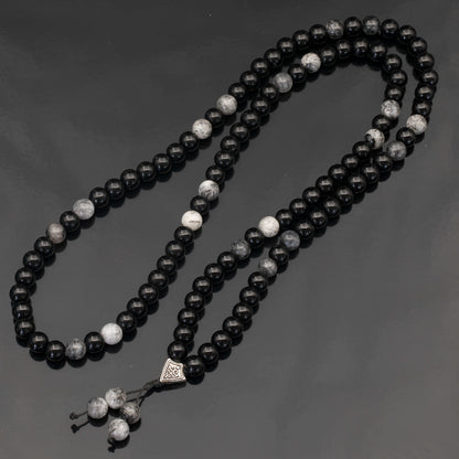 Natural Rutilated Quartz & Black Onyx Beaded 108 Mala & Rosary Necklace - ElisaJewelryArt