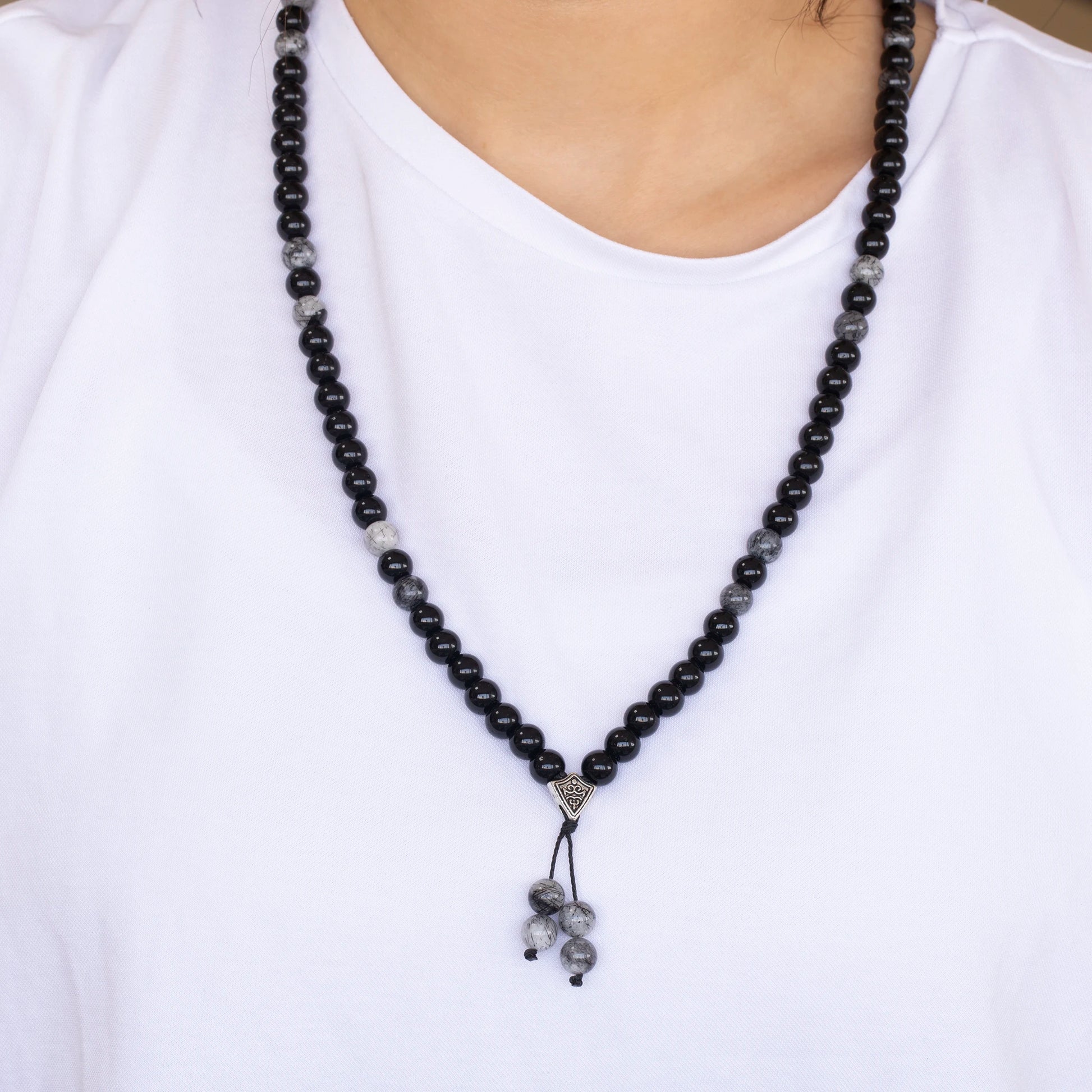 Natural Rutilated Quartz & Black Onyx Beaded 108 Mala & Rosary Necklace - ElisaJewelryArt