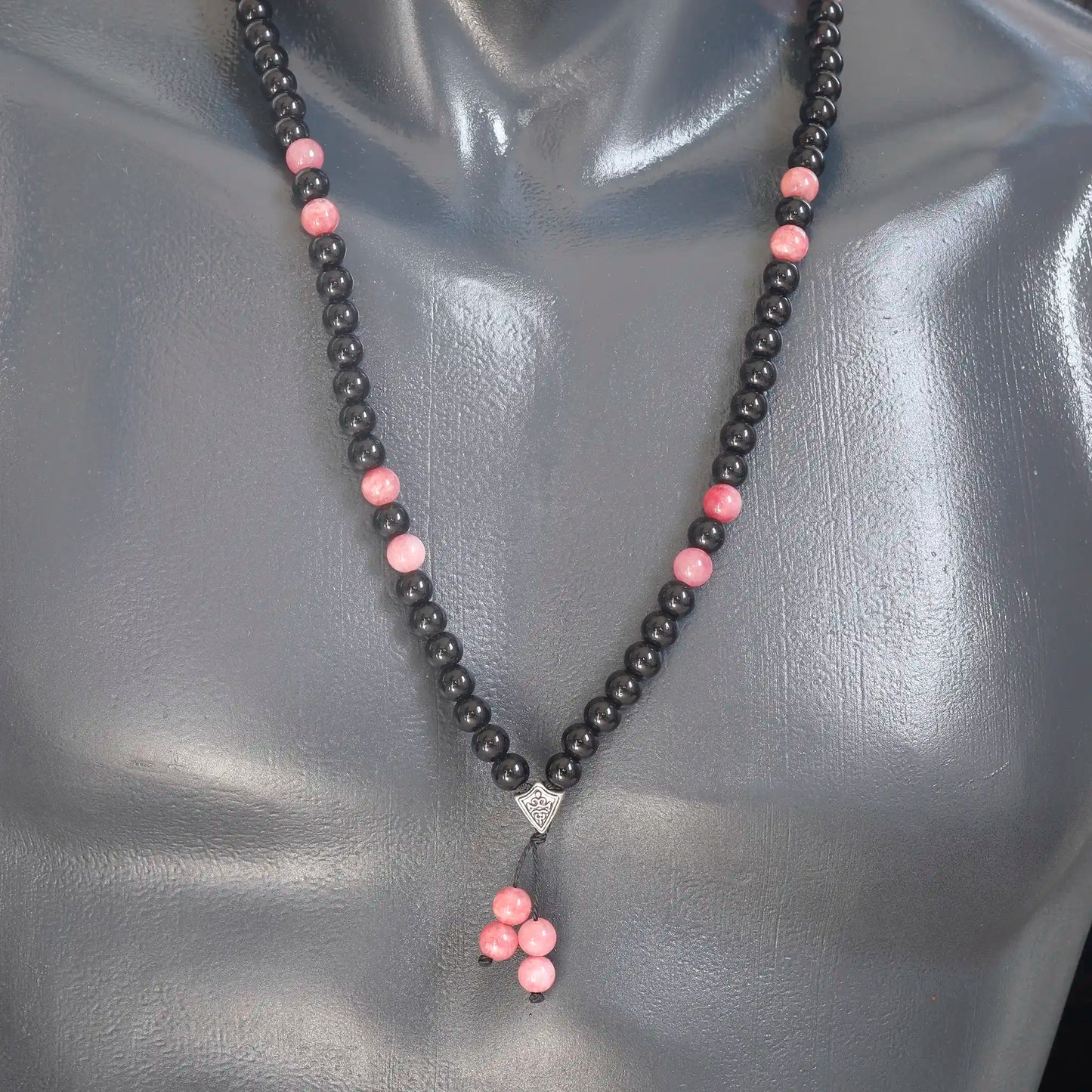 Natural Rhodochrosite & Black Onyx Beaded 108 Mala & Rosary Necklace - ElisaJewelryArt