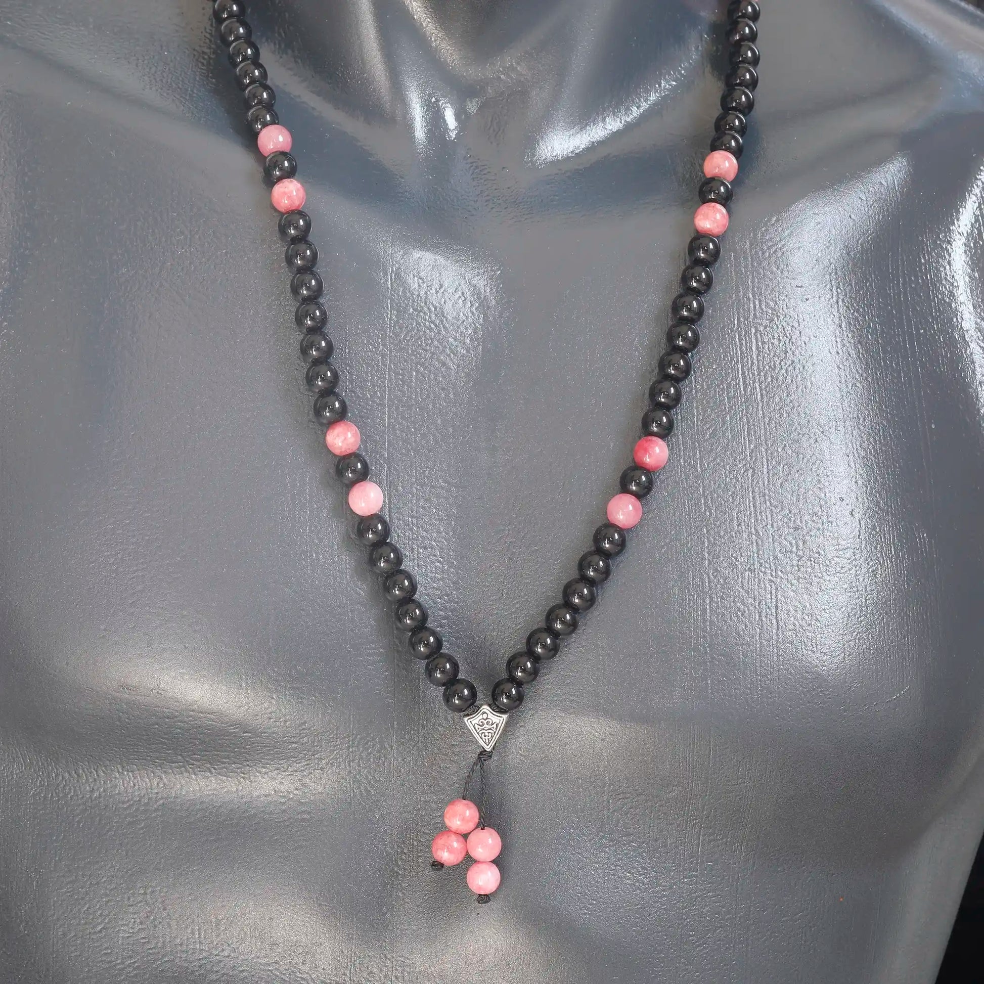 Natural Rhodochrosite & Black Onyx Beaded 108 Mala & Rosary Necklace - ElisaJewelryArt