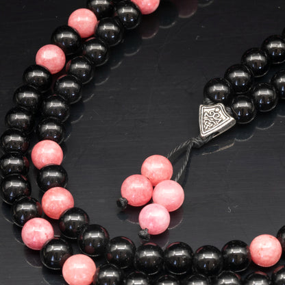 Natural Rhodochrosite & Black Onyx Beaded 108 Mala & Rosary Necklace - ElisaJewelryArt