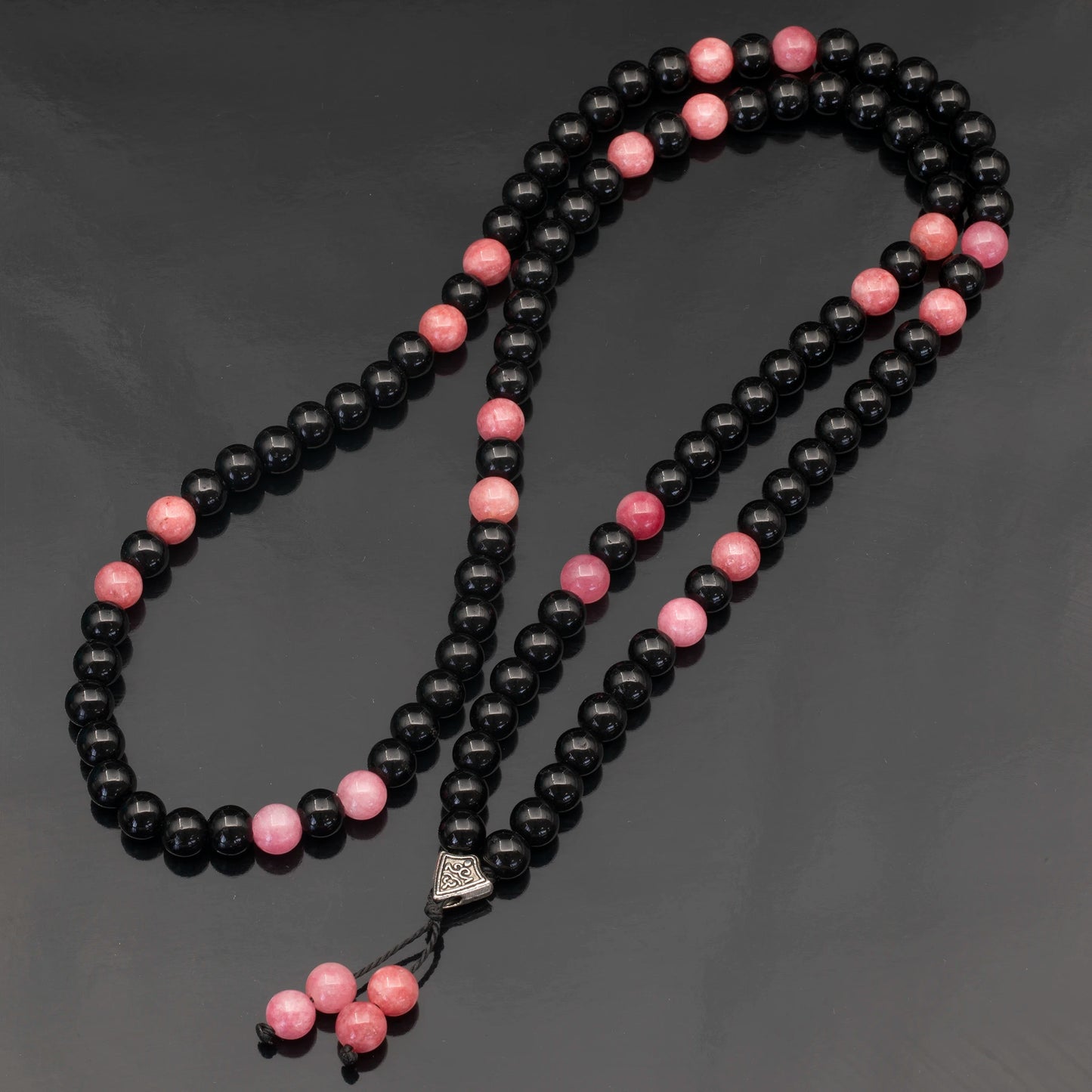 Natural Rhodochrosite & Black Onyx Beaded 108 Mala & Rosary Necklace - ElisaJewelryArt