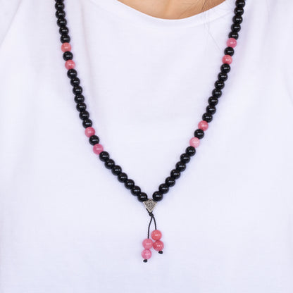 Natural Rhodochrosite & Black Onyx Beaded 108 Mala & Rosary Necklace - ElisaJewelryArt