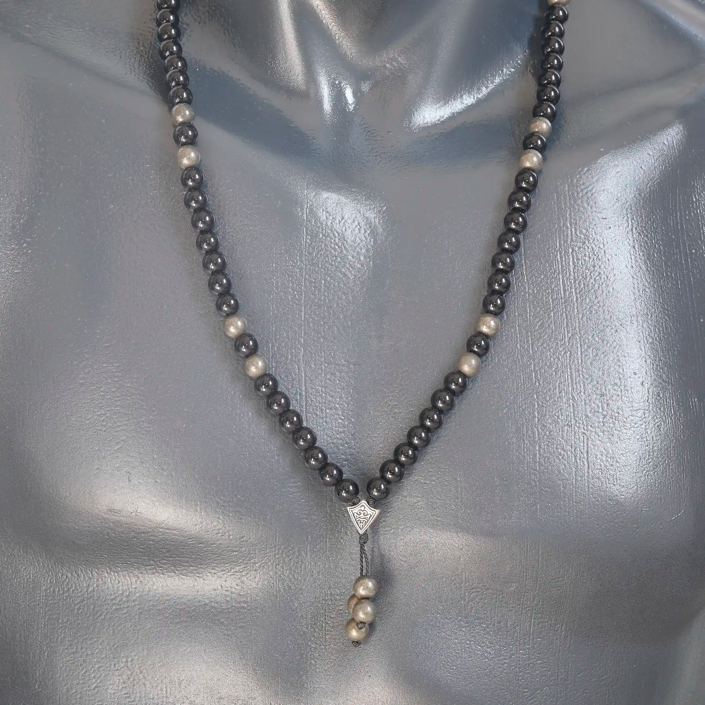 Natural Pyrite & Black Onyx Beaded 108 Mala & Rosary Necklace - ElisaJewelryArt