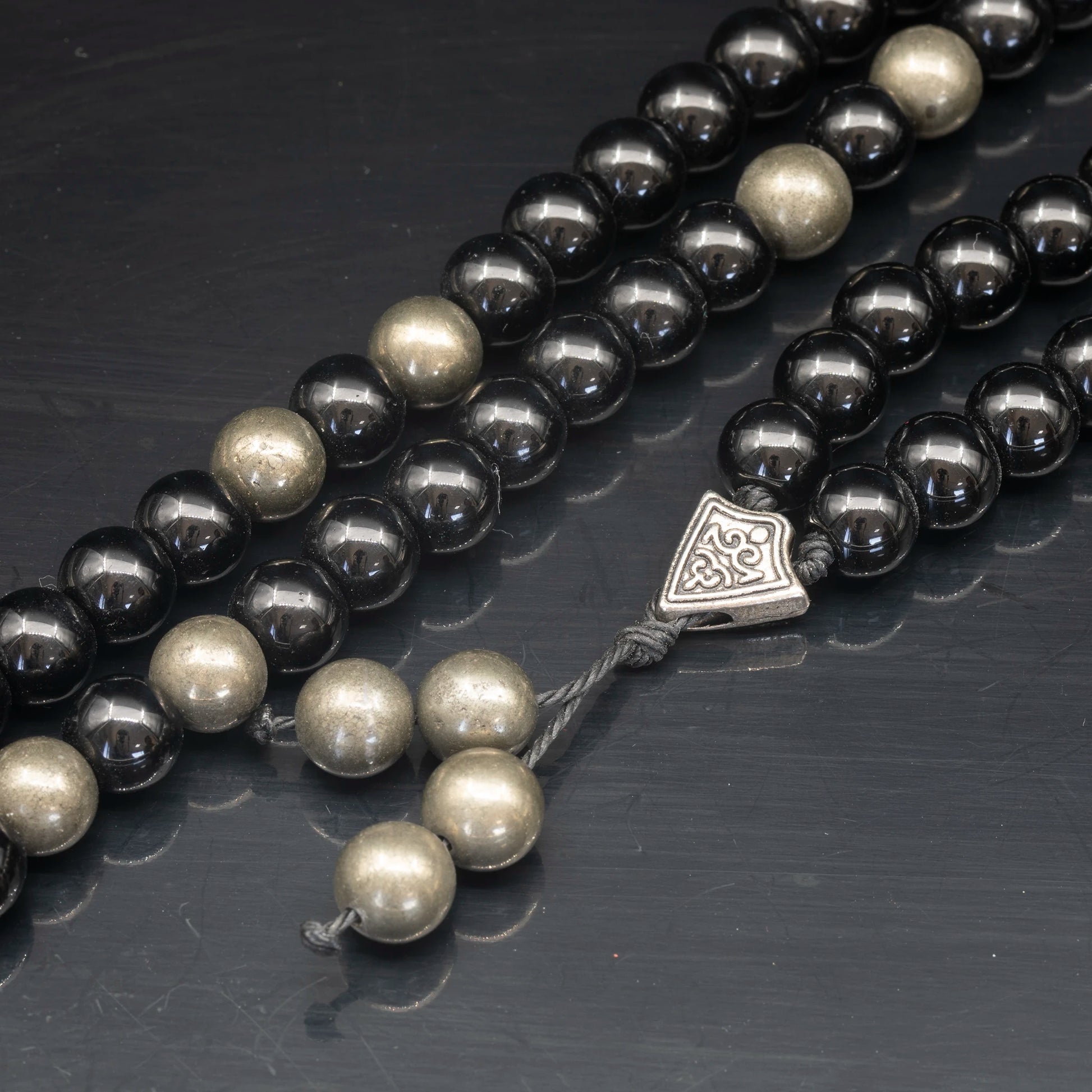 Natural Pyrite & Black Onyx Beaded 108 Mala & Rosary Necklace - ElisaJewelryArt