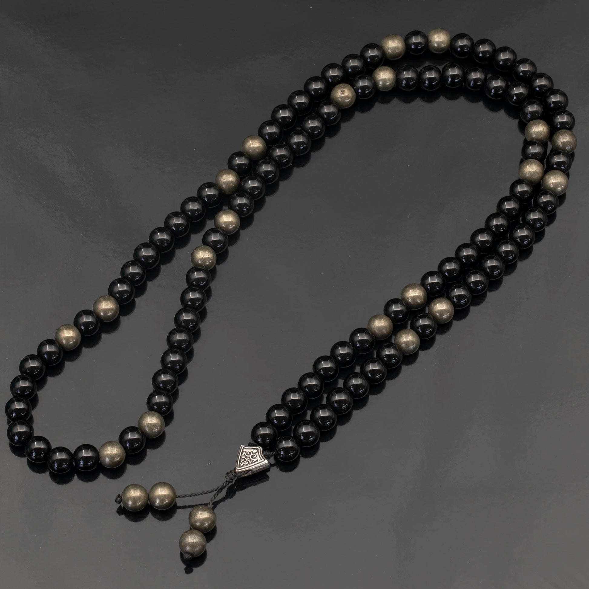 Natural Pyrite & Black Onyx Beaded 108 Mala & Rosary Necklace - ElisaJewelryArt