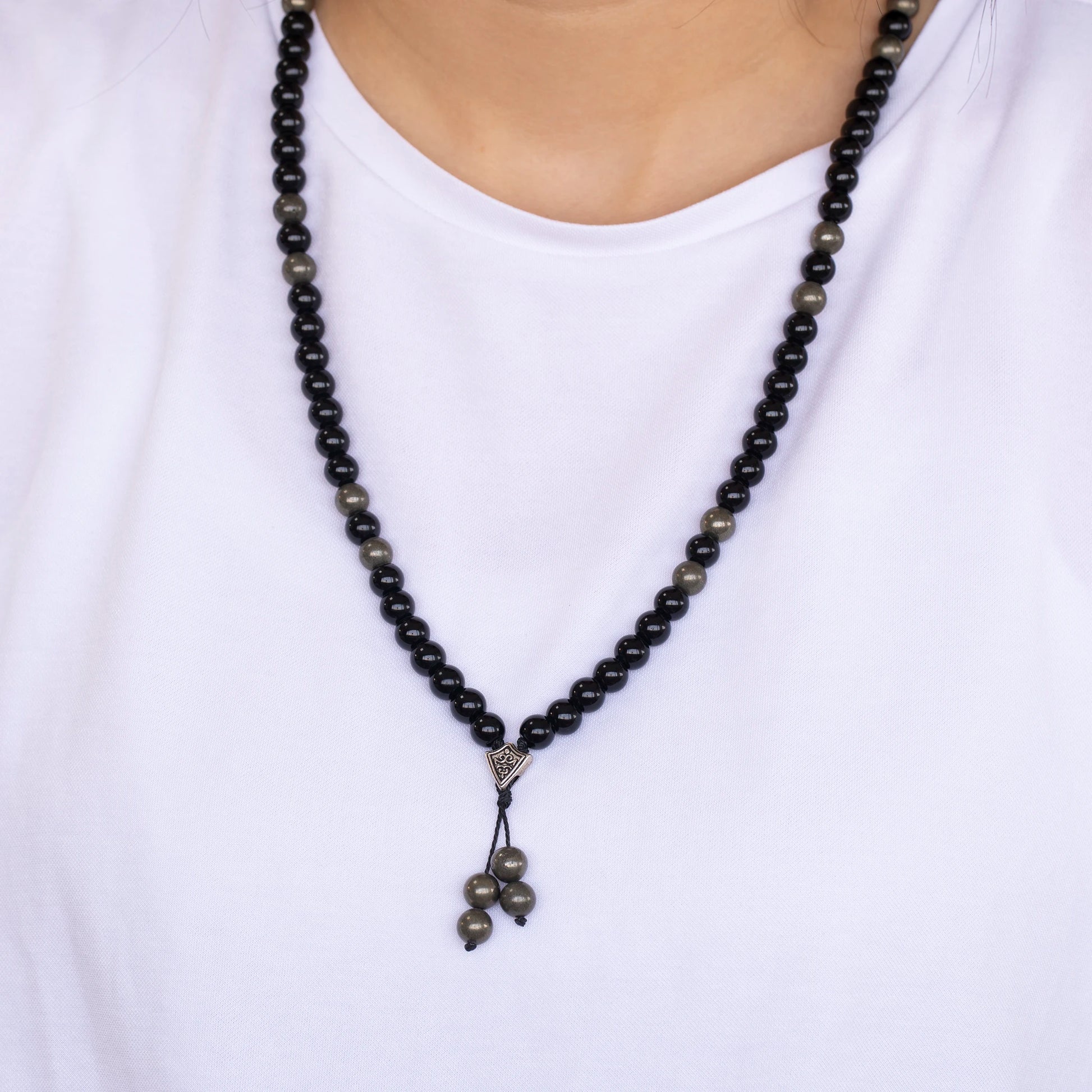 Natural Pyrite & Black Onyx Beaded 108 Mala & Rosary Necklace - ElisaJewelryArt