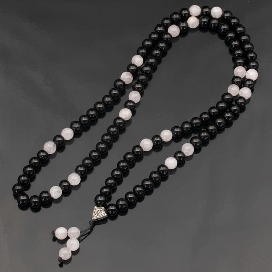 Natural Pink Quartz & Black Onyx Beaded 108 Mala & Rosary Necklace - ElisaJewelryArt