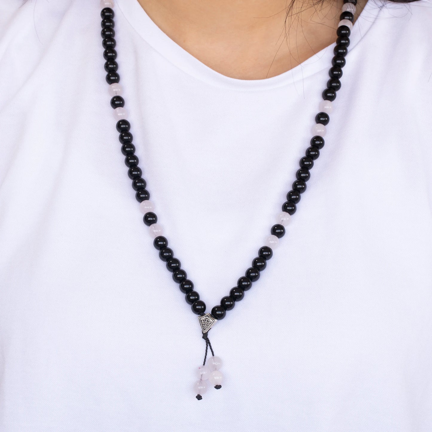 Natural Pink Quartz & Black Onyx Beaded 108 Mala & Rosary Necklace - ElisaJewelryArt