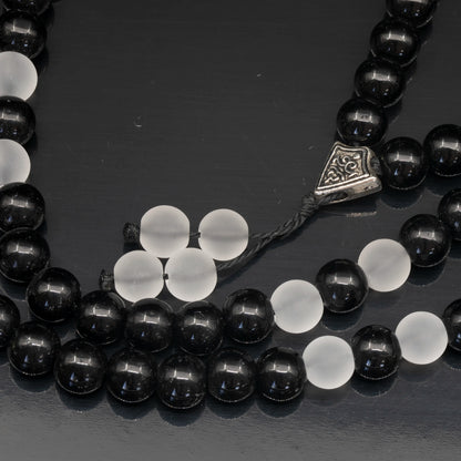 Natural Matte Quartz & Black Onyx Beaded 108 Mala & Rosary Necklace - ElisaJewelryArt