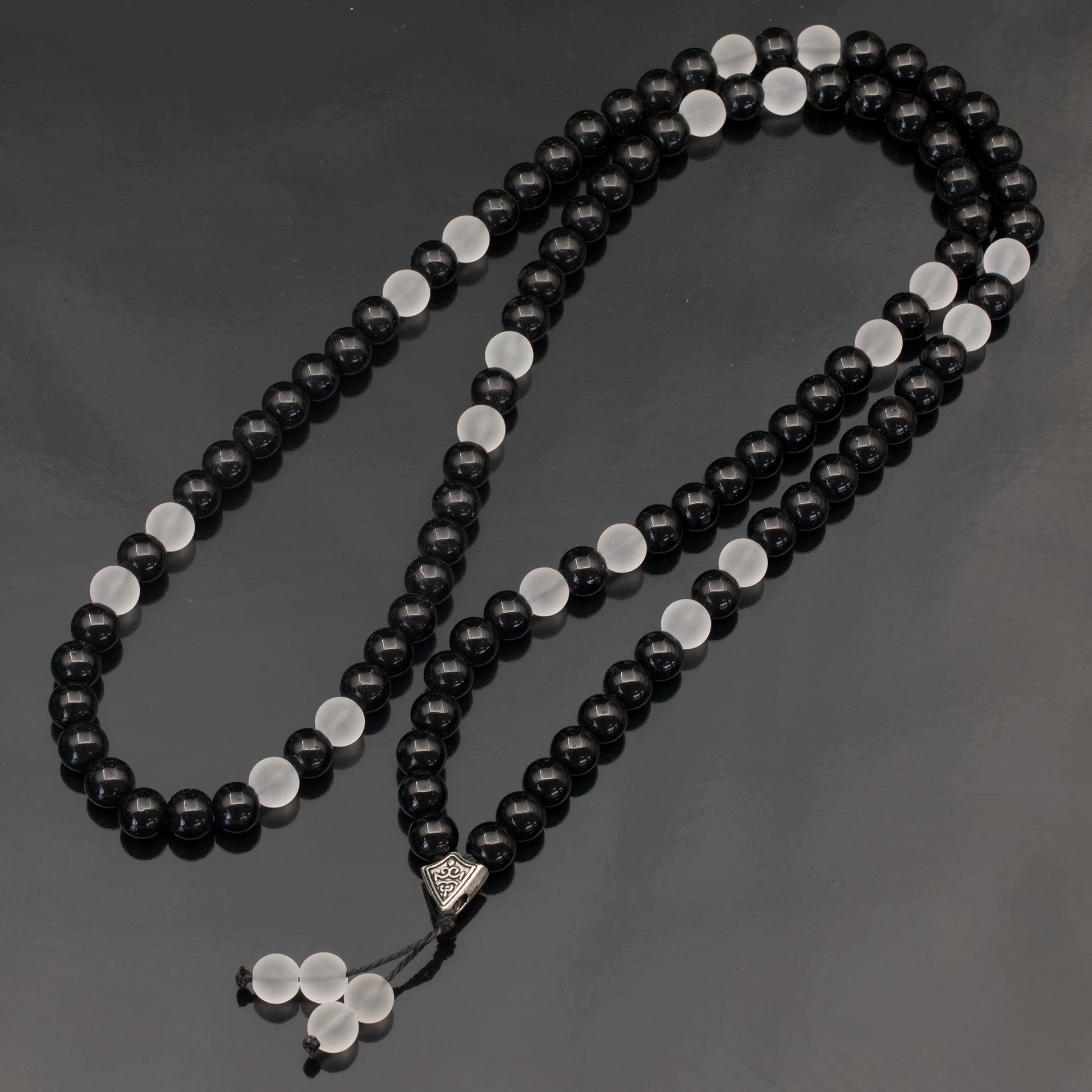 Natural Matte Quartz & Black Onyx Beaded 108 Mala & Rosary Necklace - ElisaJewelryArt