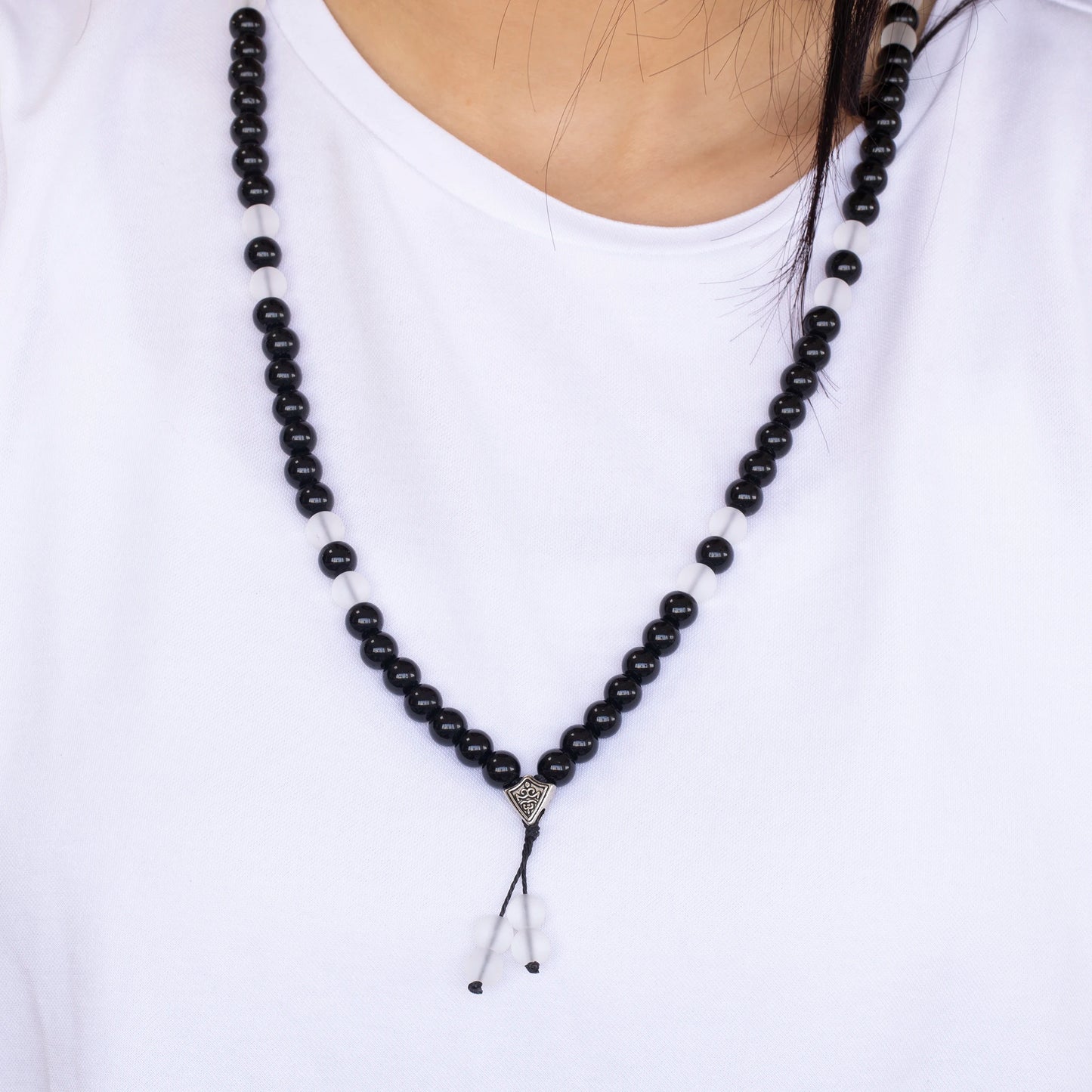 Natural Matte Quartz & Black Onyx Beaded 108 Mala & Rosary Necklace - ElisaJewelryArt