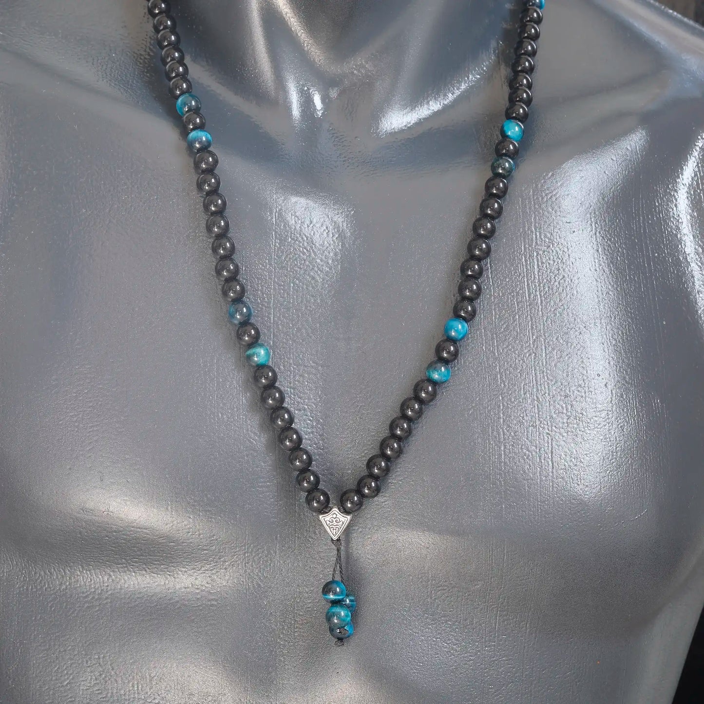 Natural Blue Tiger Eye & Black Onyx Beaded 108 Mala & Rosary Necklace - ElisaJewelryArt