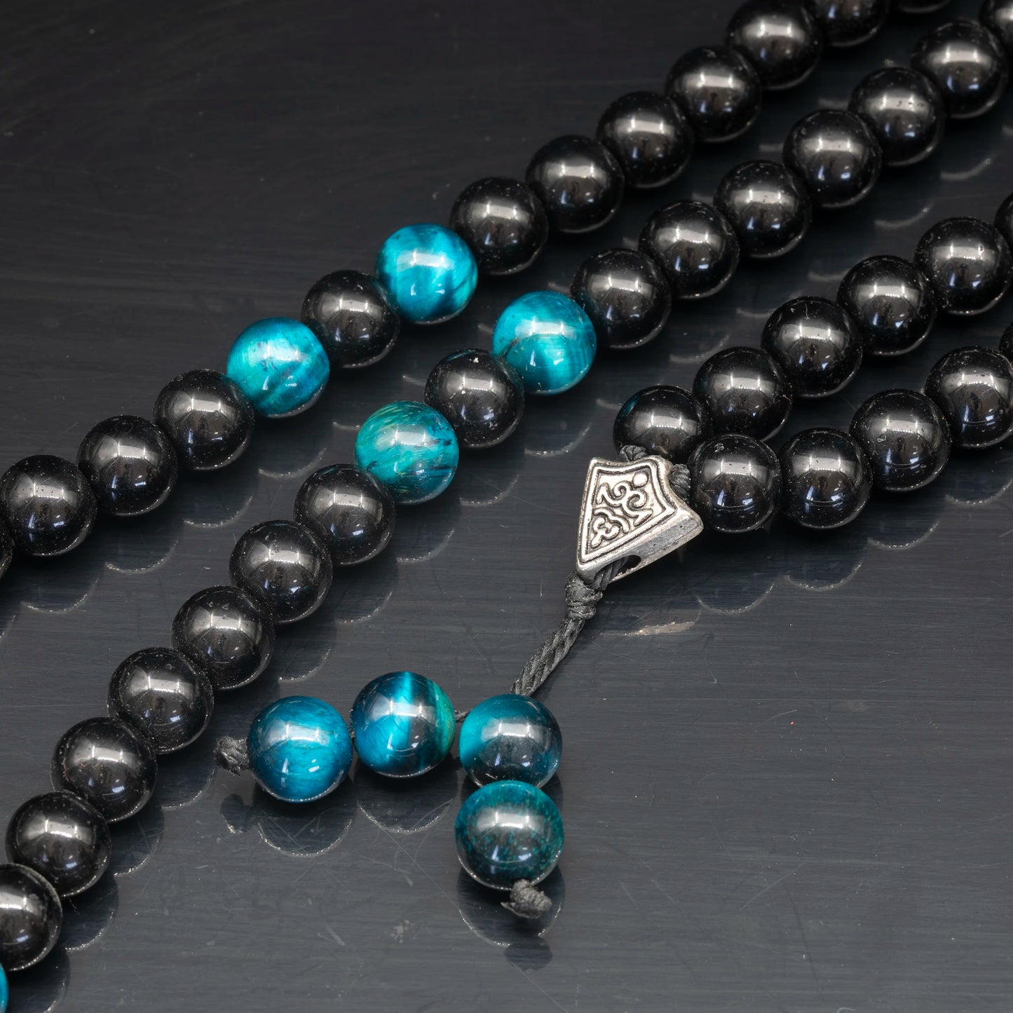 Natural Blue Tiger Eye & Black Onyx Beaded 108 Mala & Rosary Necklace - ElisaJewelryArt