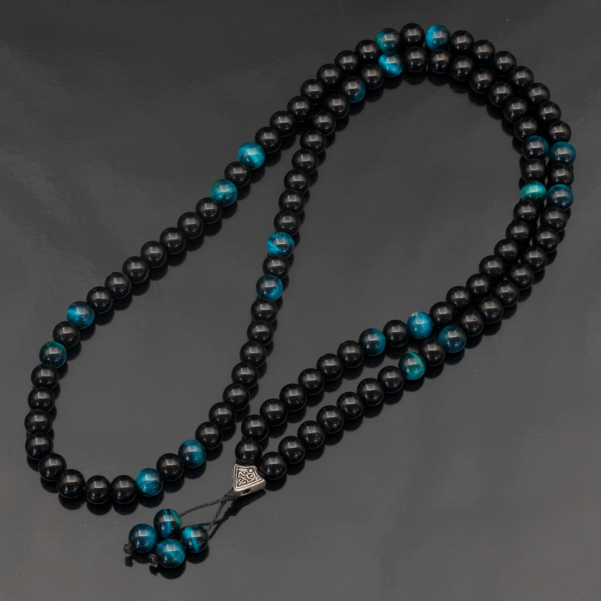 Natural Blue Tiger Eye & Black Onyx Beaded 108 Mala & Rosary Necklace - ElisaJewelryArt