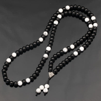 Natural Howlite & Black Onyx Beaded 108 Mala & Rosary Necklace - ElisaJewelryArt