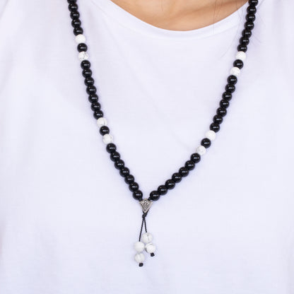 Natural Howlite & Black Onyx Beaded 108 Mala & Rosary Necklace - ElisaJewelryArt