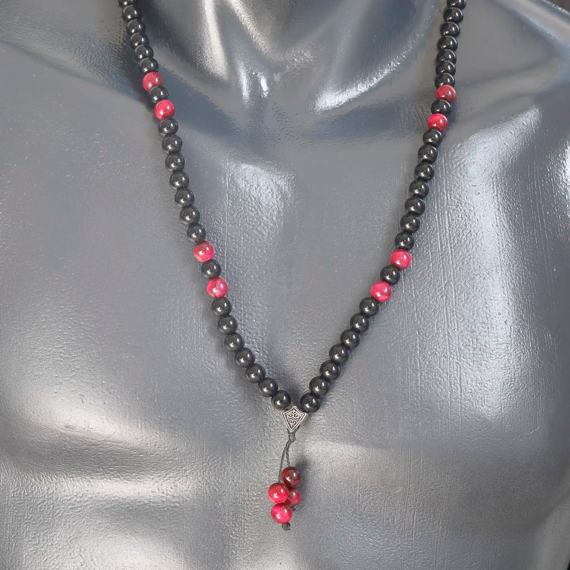 Natural Pink Tiger Eye & Black Onyx Beaded 108 Mala & Rosary Necklace - ElisaJewelryArt