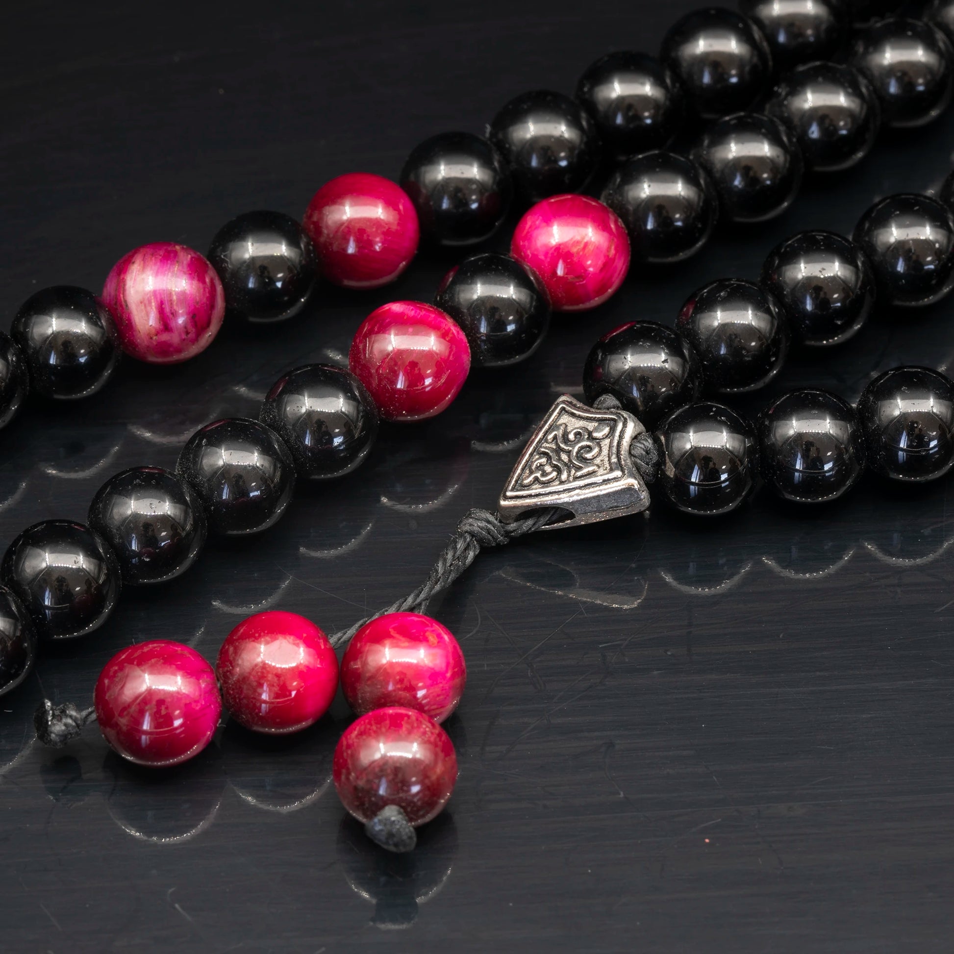 Natural Pink Tiger Eye & Black Onyx Beaded 108 Mala & Rosary Necklace - ElisaJewelryArt