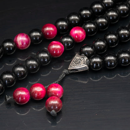 Natural Pink Tiger Eye & Black Onyx Beaded 108 Mala & Rosary Necklace - ElisaJewelryArt