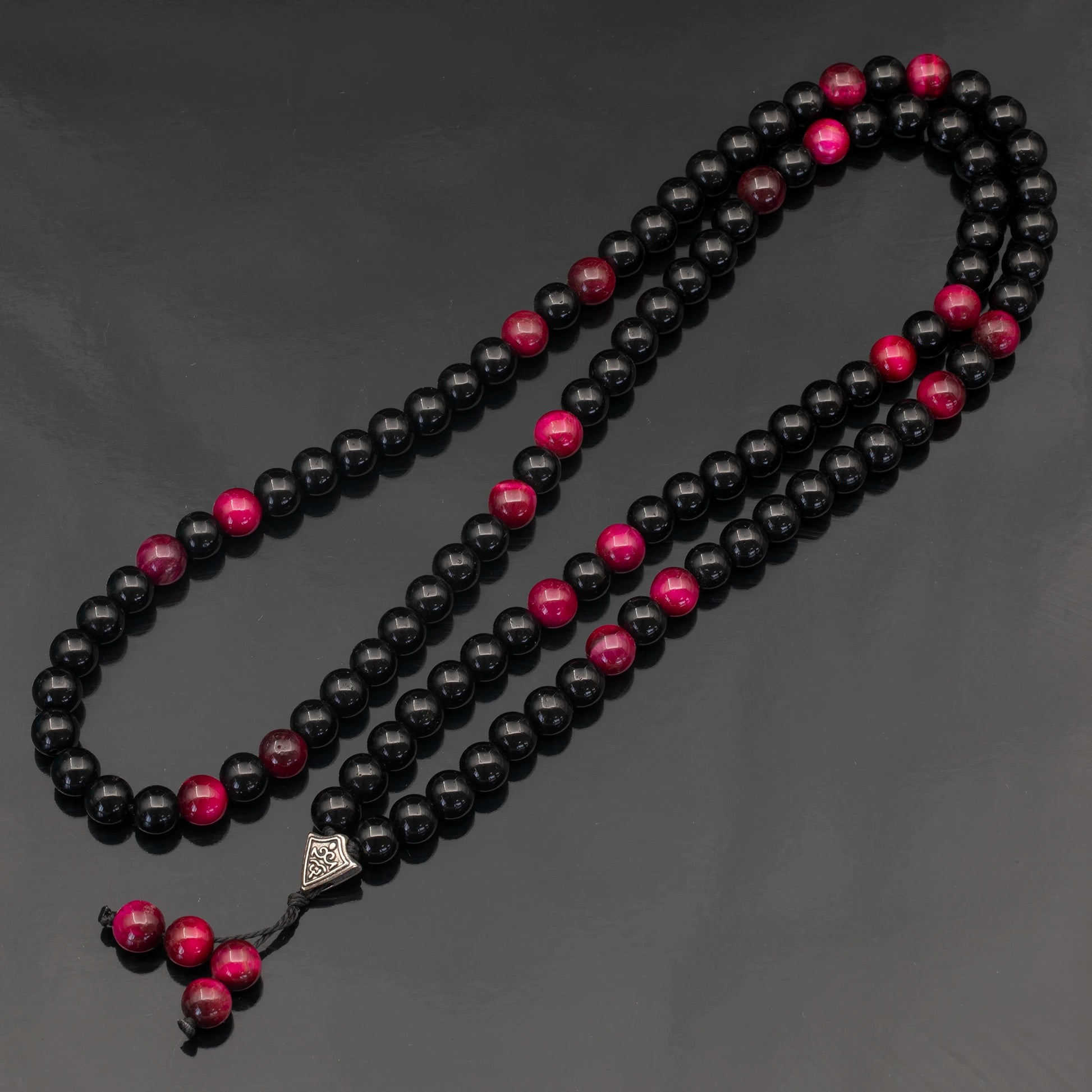 Natural Pink Tiger Eye & Black Onyx Beaded 108 Mala & Rosary Necklace - ElisaJewelryArt