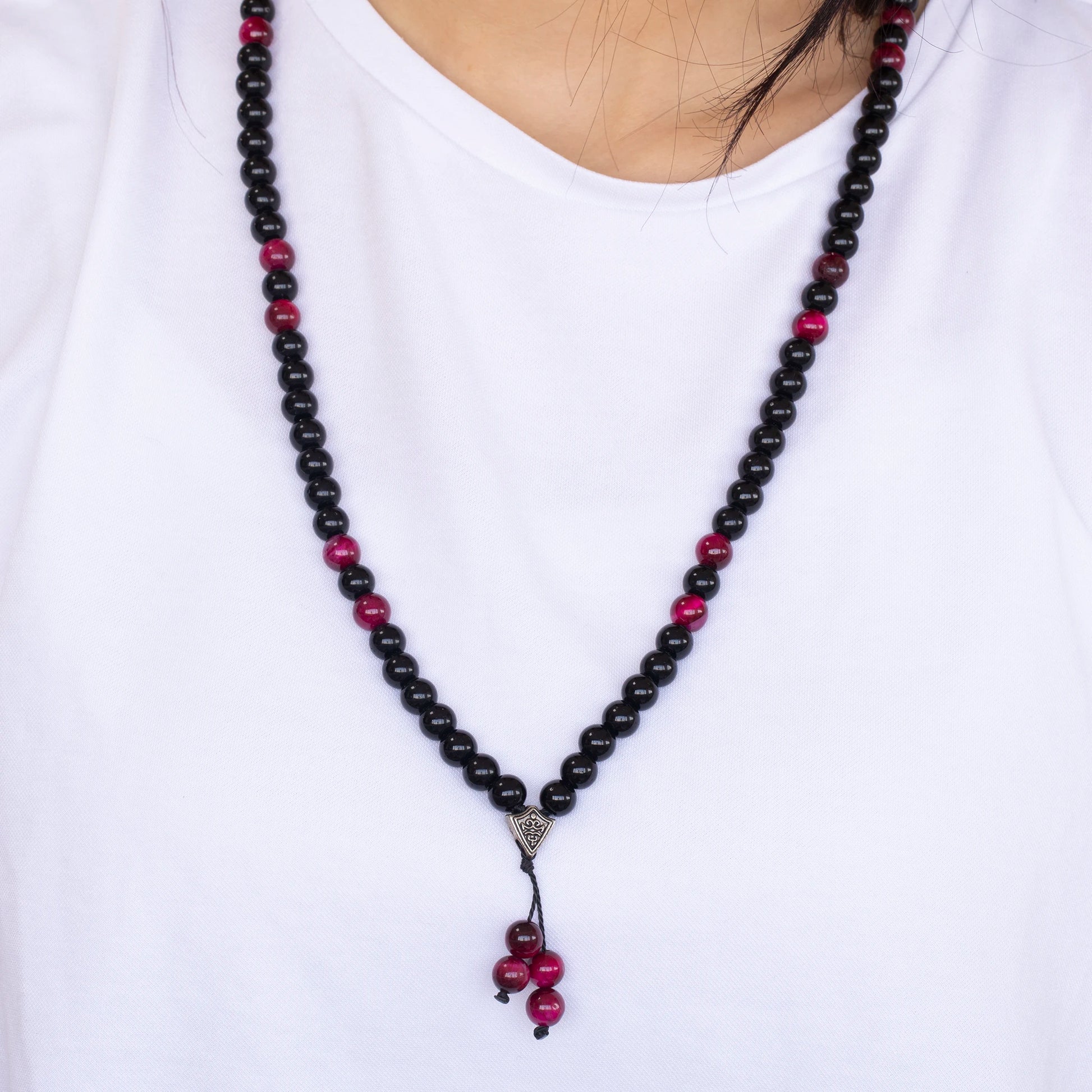 Natural Pink Tiger Eye & Black Onyx Beaded 108 Mala & Rosary Necklace - ElisaJewelryArt