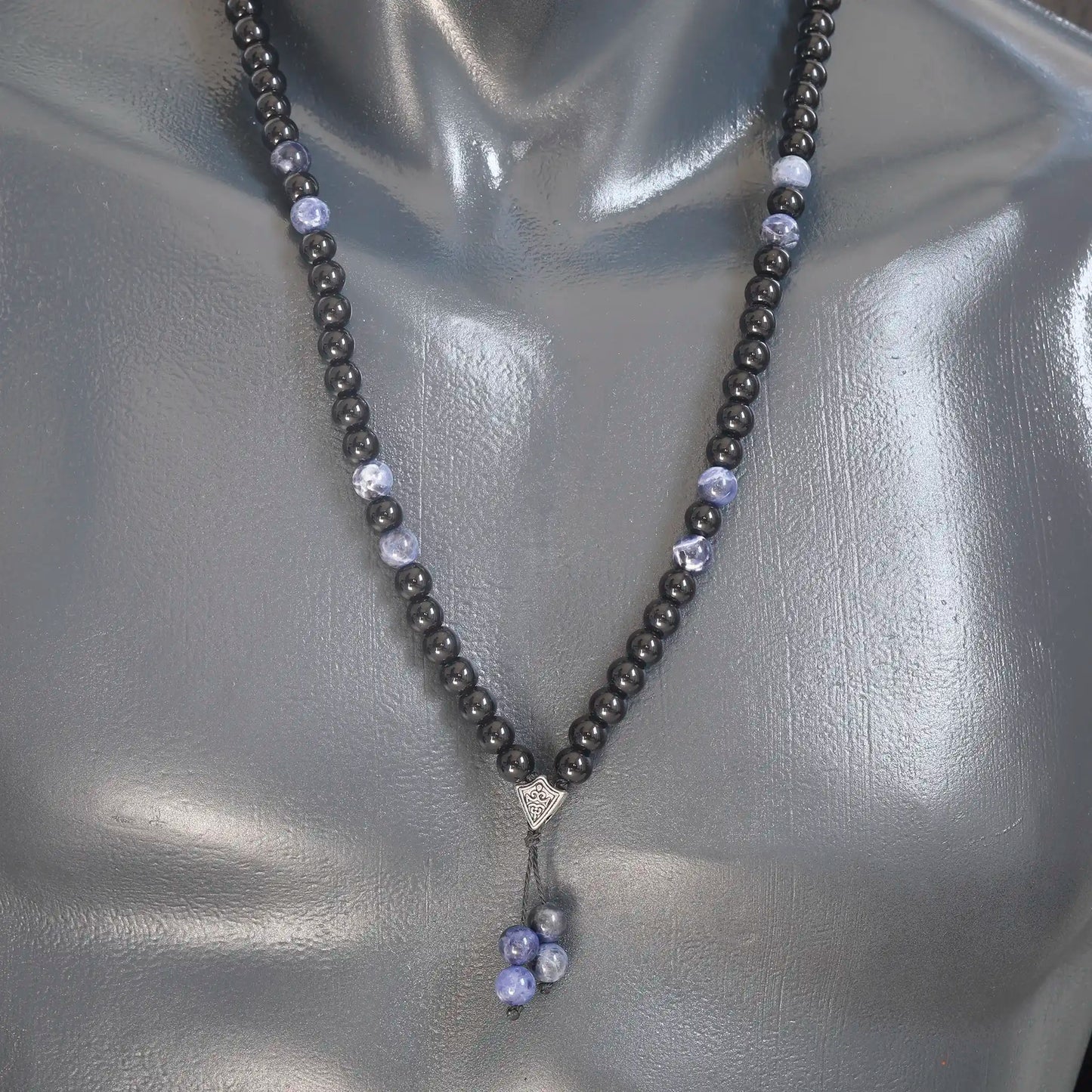 Natural Sodalite & Black Onyx Beaded 108 Mala & Rosary Necklace - ElisaJewelryArt