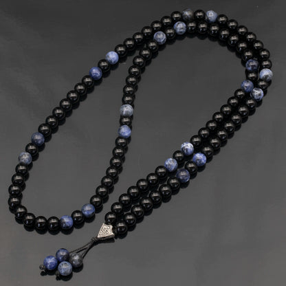 Natural Sodalite & Black Onyx Beaded 108 Mala & Rosary Necklace - ElisaJewelryArt