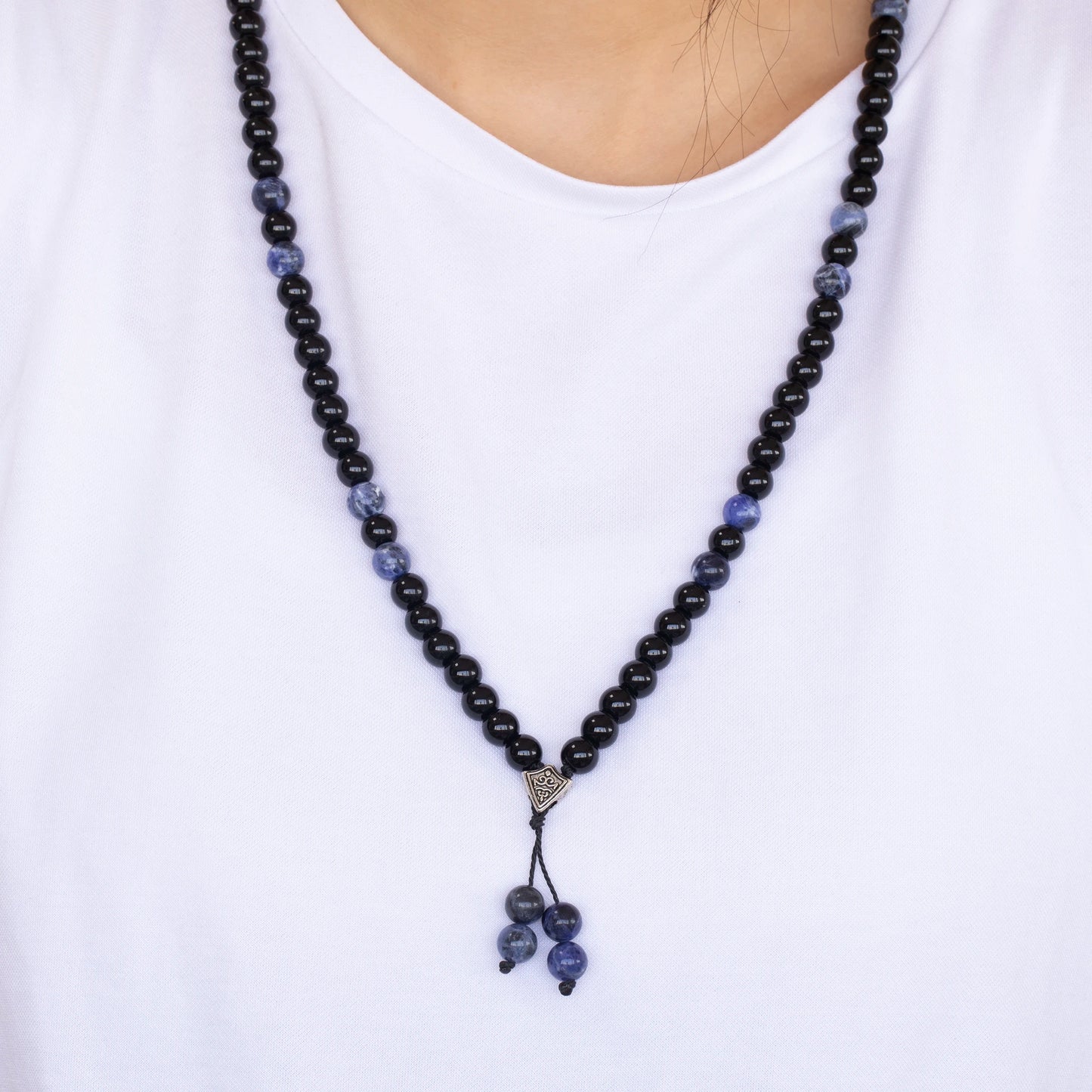 Natural Sodalite & Black Onyx Beaded 108 Mala & Rosary Necklace - ElisaJewelryArt