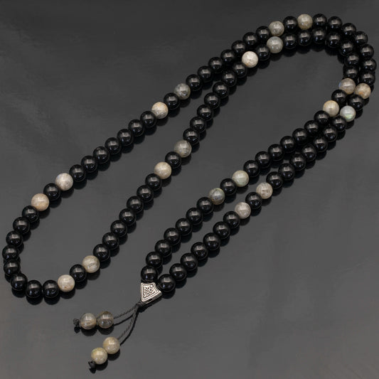 Natural Labradorite & Black Onyx Beaded 108 Mala & Rosary Necklace