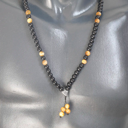 Natural Gold Tiger Eye & Black Onyx Beaded 108 Mala & Rosary Necklace