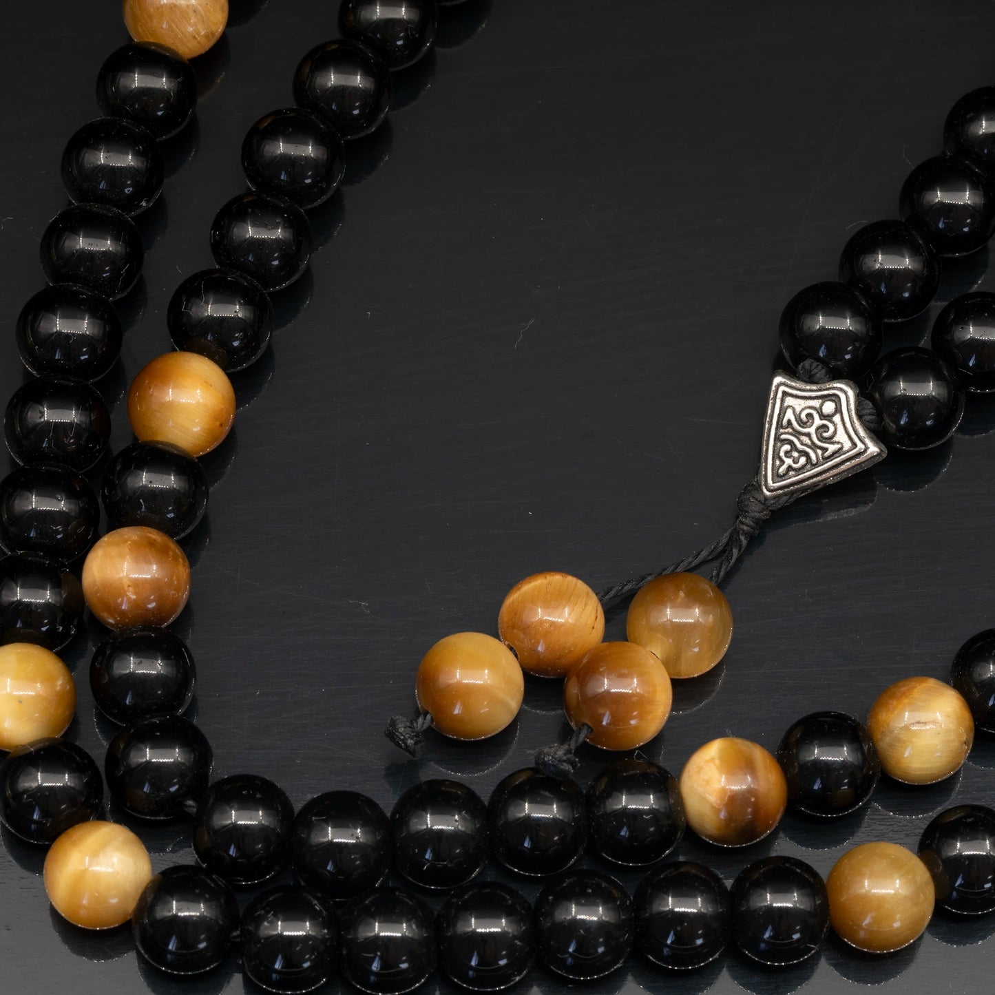 Natural Gold Tiger Eye & Black Onyx Beaded 108 Mala & Rosary Necklace