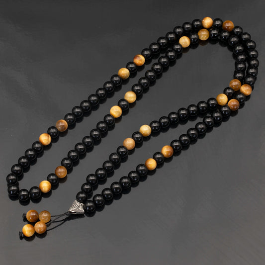 Natural Gold Tiger Eye & Black Onyx Beaded 108 Mala & Rosary Necklace