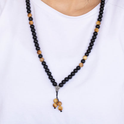 Natural Gold Tiger Eye & Black Onyx Beaded 108 Mala & Rosary Necklace