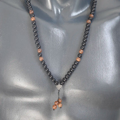 Natural Sandalwood & Black Onyx Beaded 108 Mala & Rosary Necklace