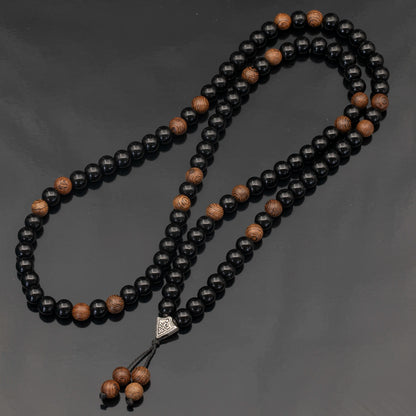 Natural Sandalwood & Black Onyx Beaded 108 Mala & Rosary Necklace