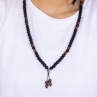 Natural Sandalwood & Black Onyx Beaded 108 Mala & Rosary Necklace