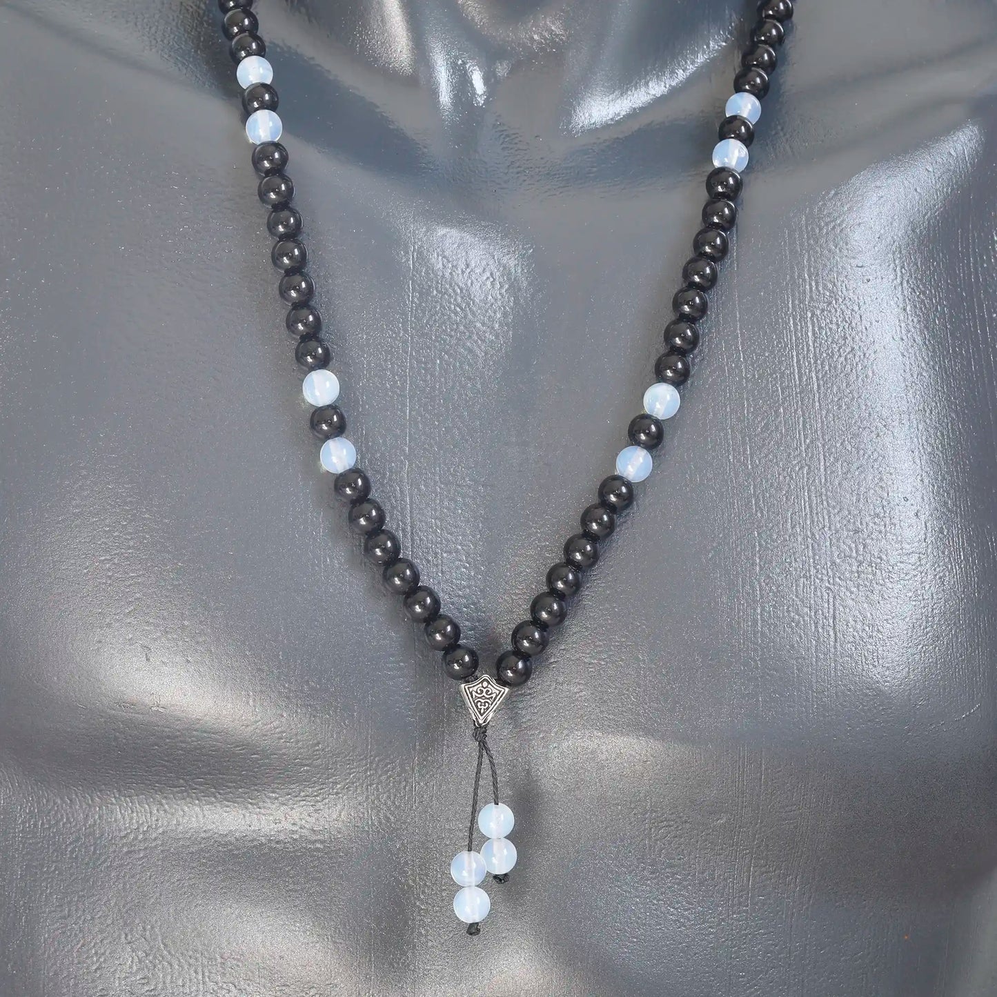 Natural Opalite & Black Onyx Beaded 108 Mala & Rosary Necklace