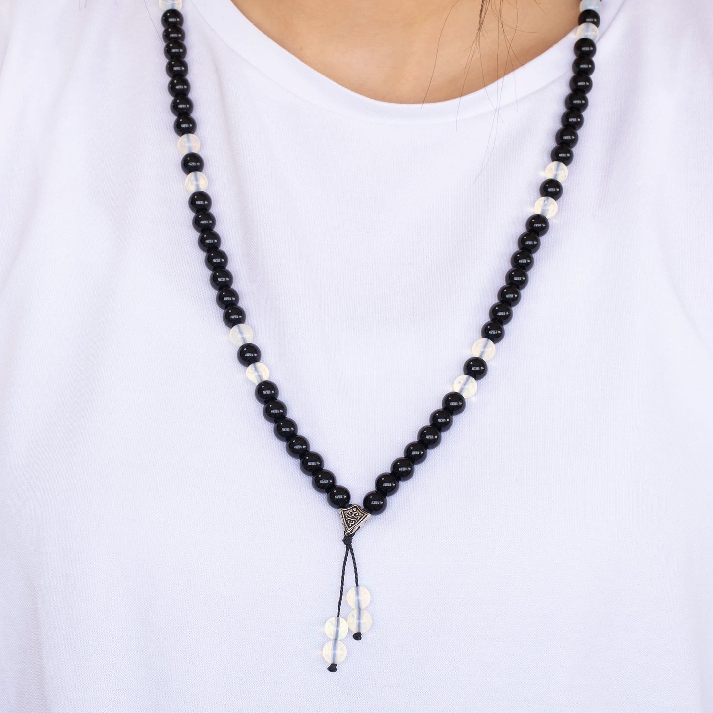 Natural Opalite & Black Onyx Beaded 108 Mala & Rosary Necklace