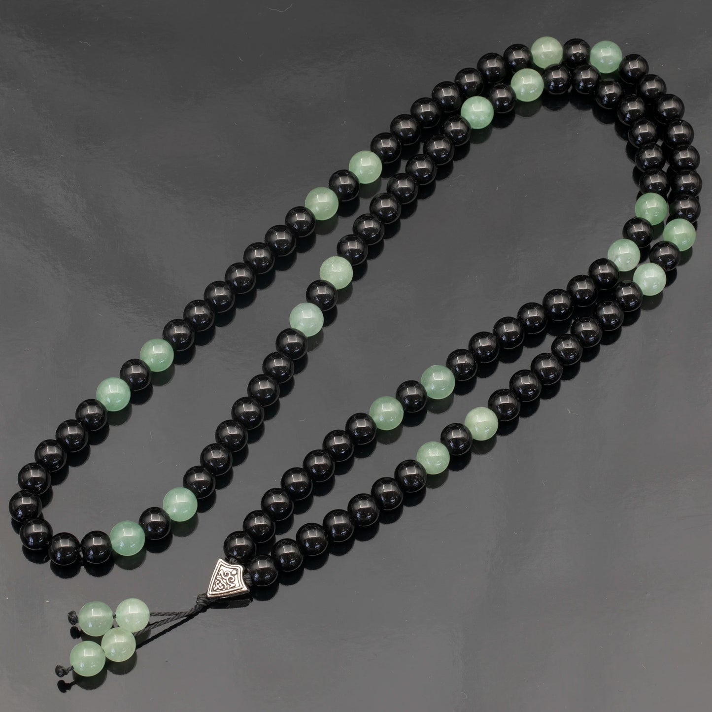 Natural Green Aventurine & Black Onyx Beaded 108 Mala & Rosary Necklace