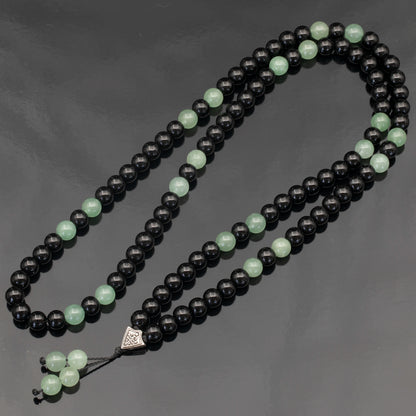 Natural Green Aventurine & Black Onyx Beaded 108 Mala & Rosary Necklace