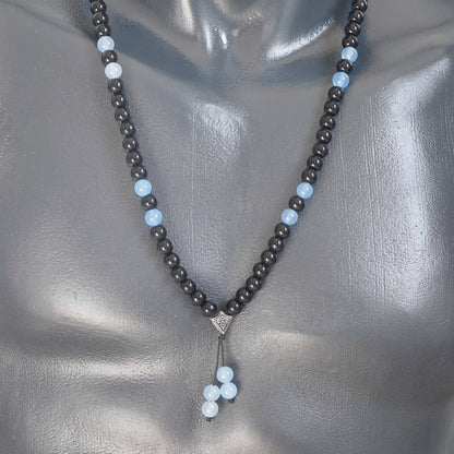 Natural Angelite & Black Onyx Beaded 108 Mala & Rosary Necklace