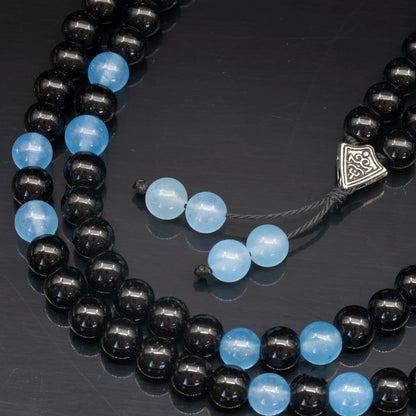 Natural Angelite & Black Onyx Beaded 108 Mala & Rosary Necklace