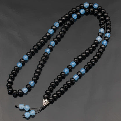 Natural Angelite & Black Onyx Beaded 108 Mala & Rosary Necklace