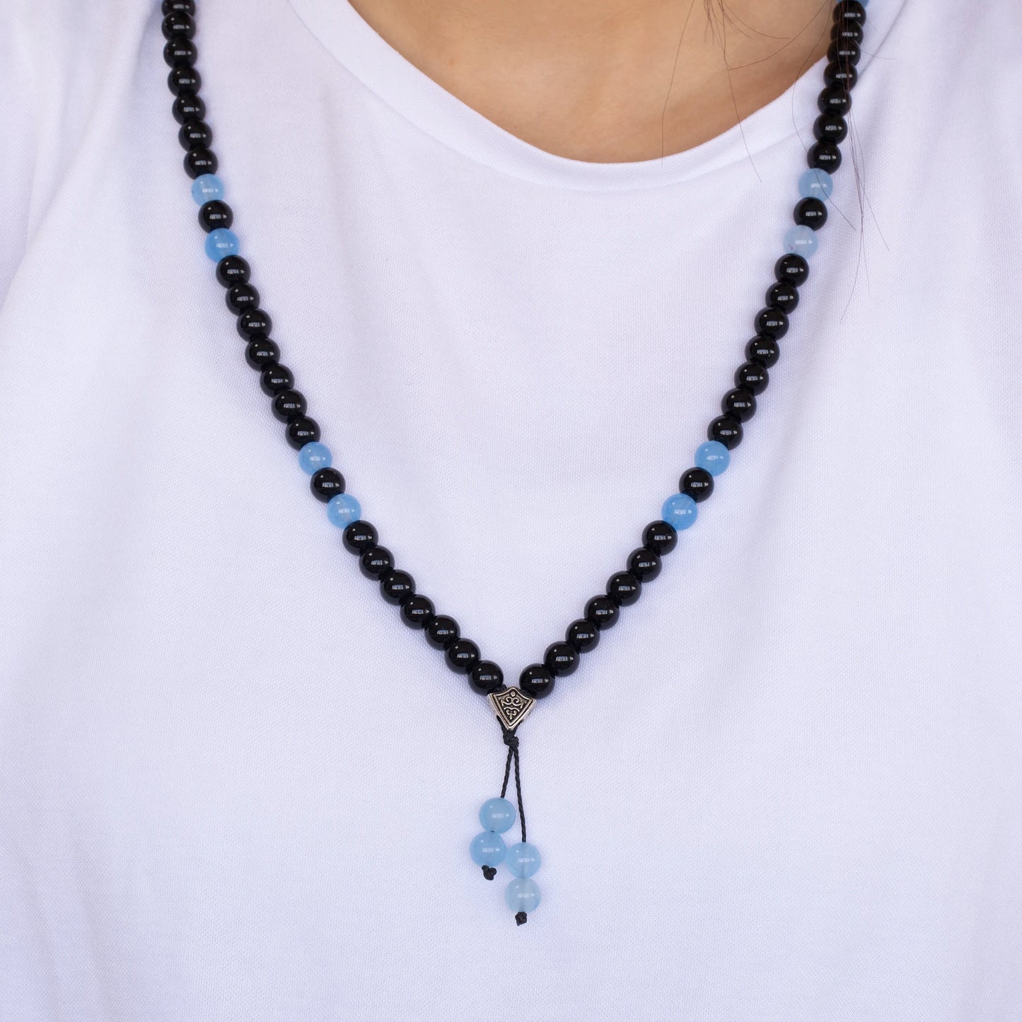 Natural Angelite & Black Onyx Beaded 108 Mala & Rosary Necklace