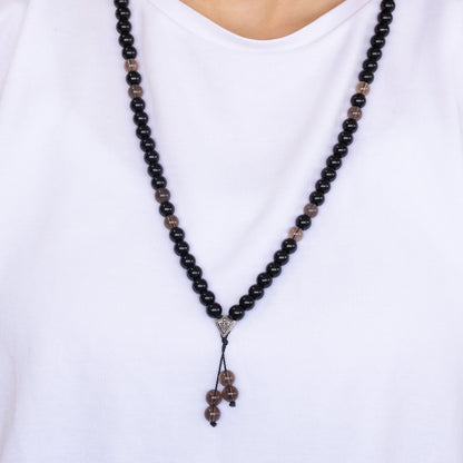 Natural Smoky Quartz & Black Onyx Beaded 108 Mala & Rosary Necklace