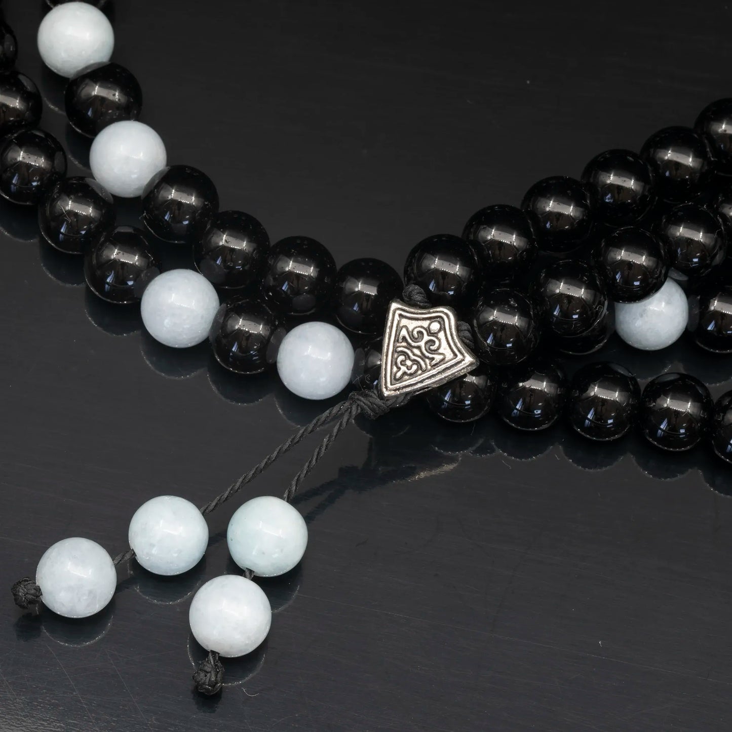 Natural Aquamarine & Black Onyx Beaded 108 Mala & Rosary Necklace