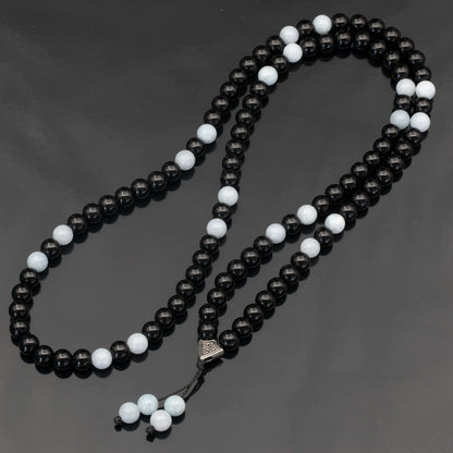 Natural Aquamarine & Black Onyx Beaded 108 Mala & Rosary Necklace