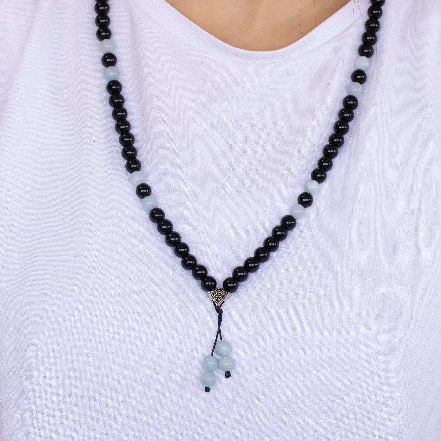 Natural Aquamarine & Black Onyx Beaded 108 Mala & Rosary Necklace