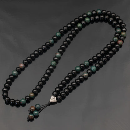 Natural Bloodstone & Black Onyx Beaded 108 Mala & Rosary Necklace